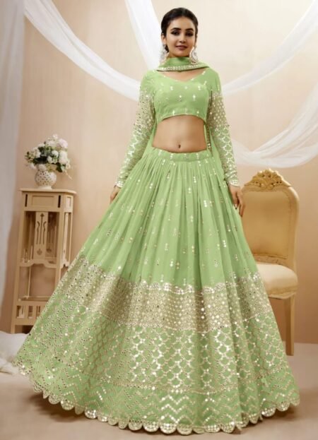 Charming Georgette Pista Green Embroidered Work Lehenga Choli