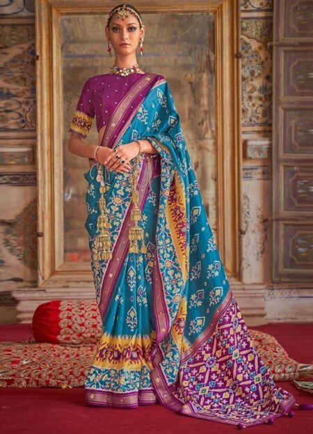 Elegant Blue Color Viscose Dola Silk Patola Saree Design