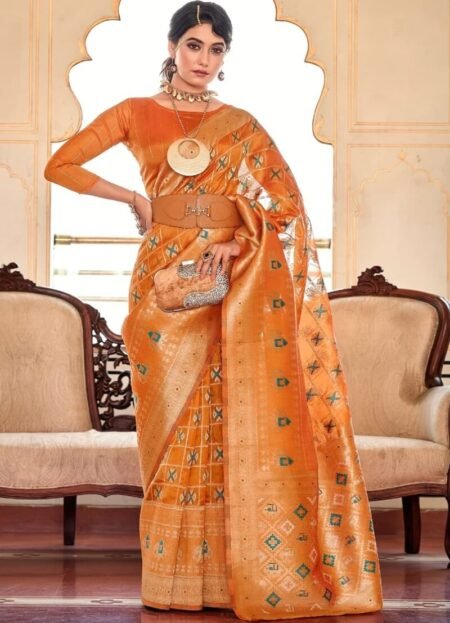 Orange Patola Printed Zari Weaving Work Organza Saree