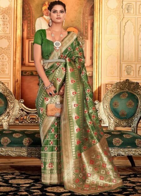 Patola Printed Zari Weaving Work Mahendi Green Saree